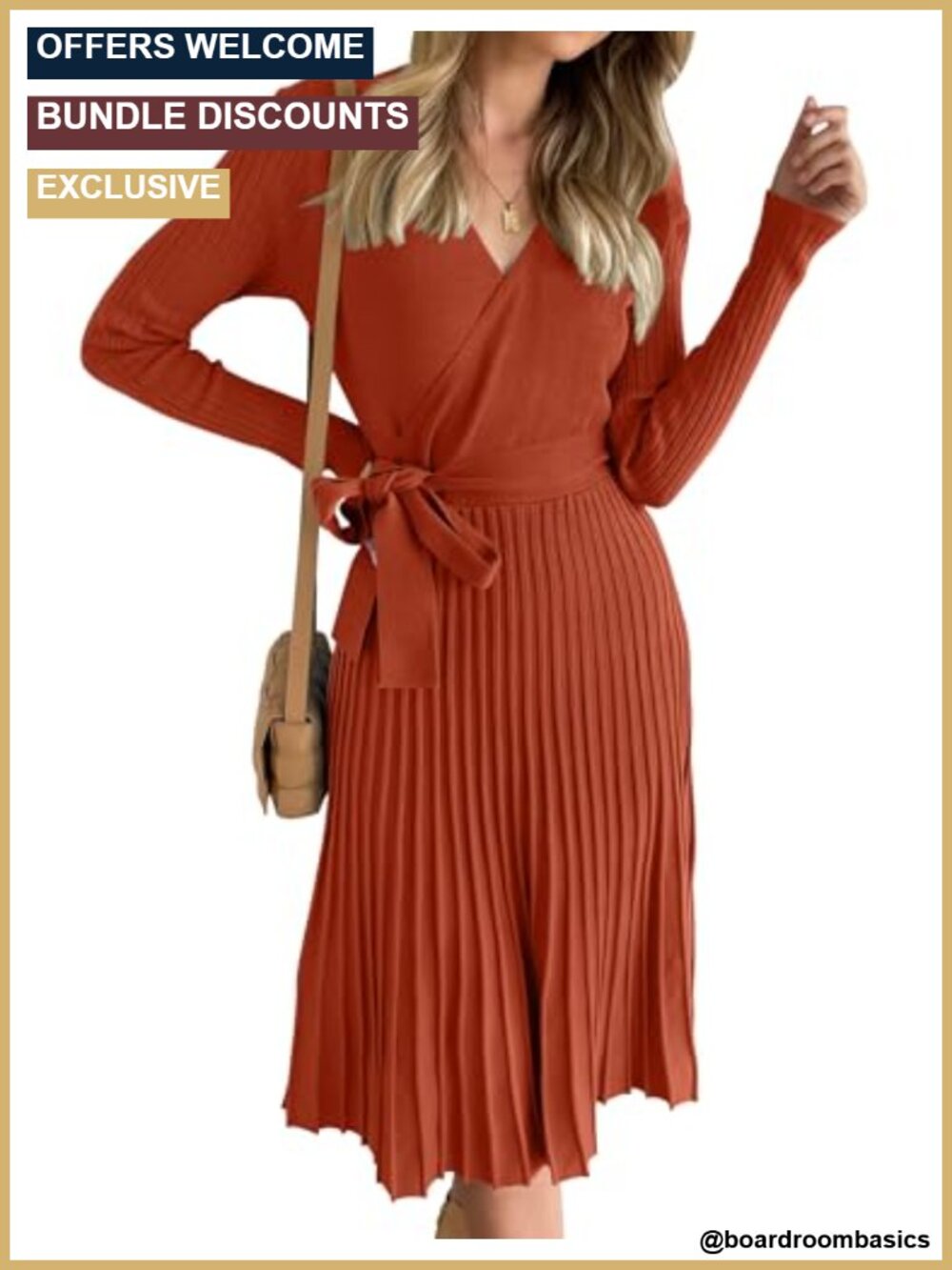 Women's Long Sleeve Wrap Midi Sweater Dress V-Neck Belted Pleated